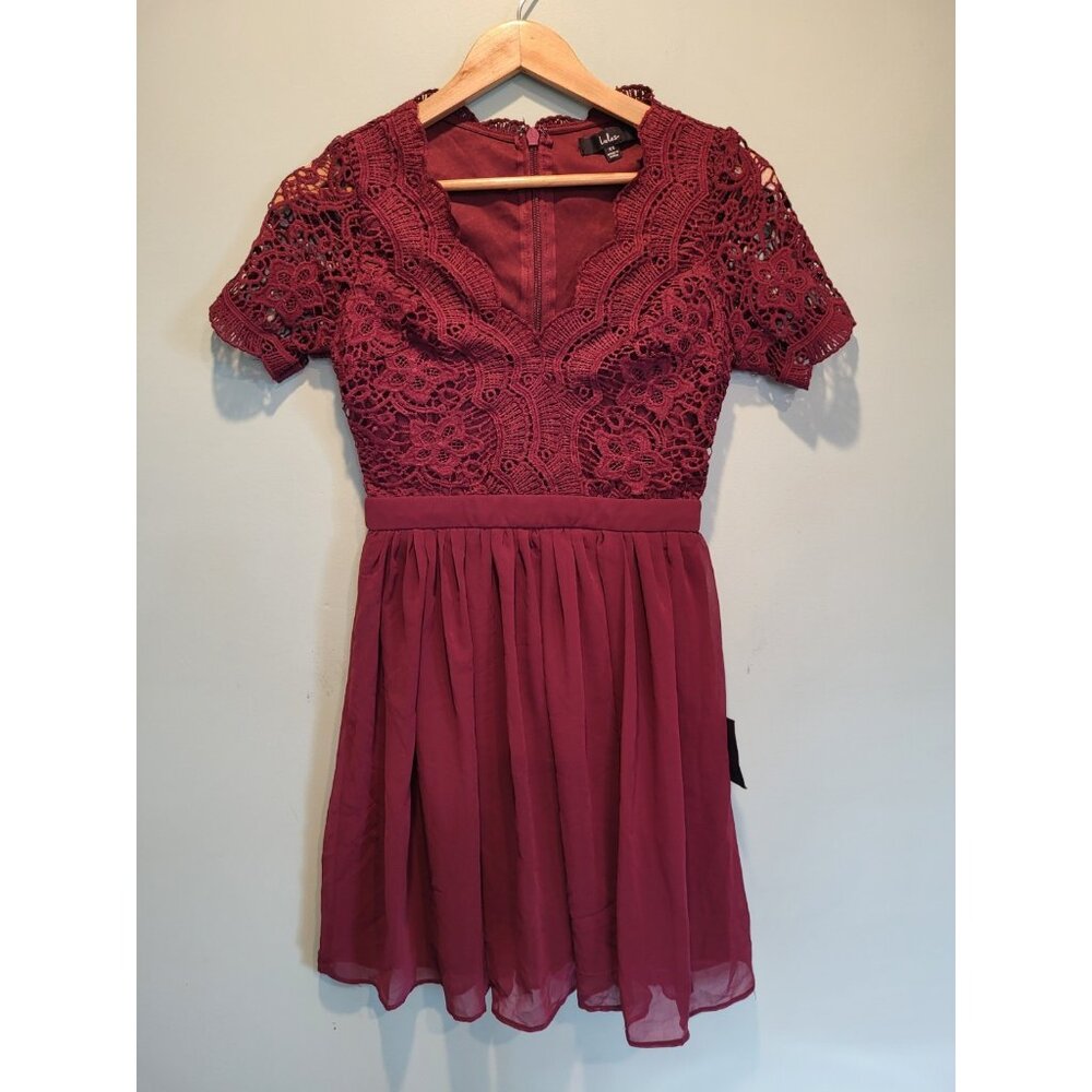 New Lulus Burgundy Angel In Disguise Skater Dress Sz XS Chiffon Lace Cherry Girl